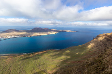 Panoramic view from viewpoint Mirador del Rio at the north of canary island Lanzarote