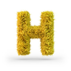 Capital letter H. Uppercase. Yellow fluffy and furry font. 3D