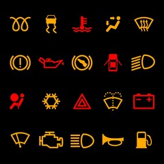 Car dashboard icons set isolated on black background. Icon pack car information pictograms. Vector illustration