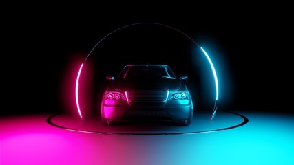 Obraz na płótnie Canvas Car with neon light circle frames