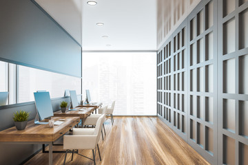 Gray and wooden open space office, side view