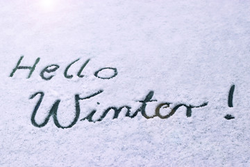 Hello Winter!, written in snow