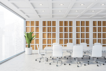 Panoramic wooden and white meeting room