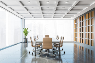 Fototapeta premium Panoramic wooden and gray conference room