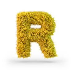 Capital letter R. Uppercase. Yellow fluffy and furry font. 3D