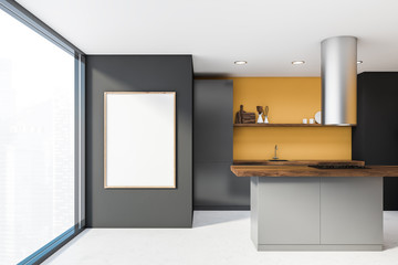 Yellow and gray kitchen interior, bar and poster