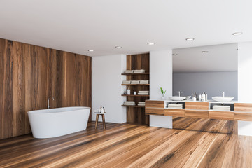 Fototapeta na wymiar White and dark wood bathroom corner, tub and sink