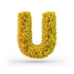 Capital letter U. Uppercase. Yellow fluffy and furry font. 3D