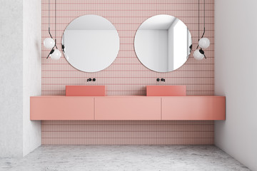 Pink and white bathroom interior, double sink