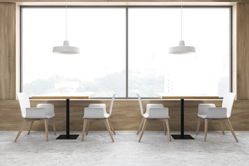 Wooden coffee shop interior with panoramic window