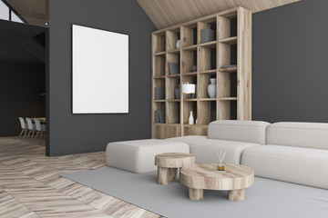 Gray attic living room and dining room corner