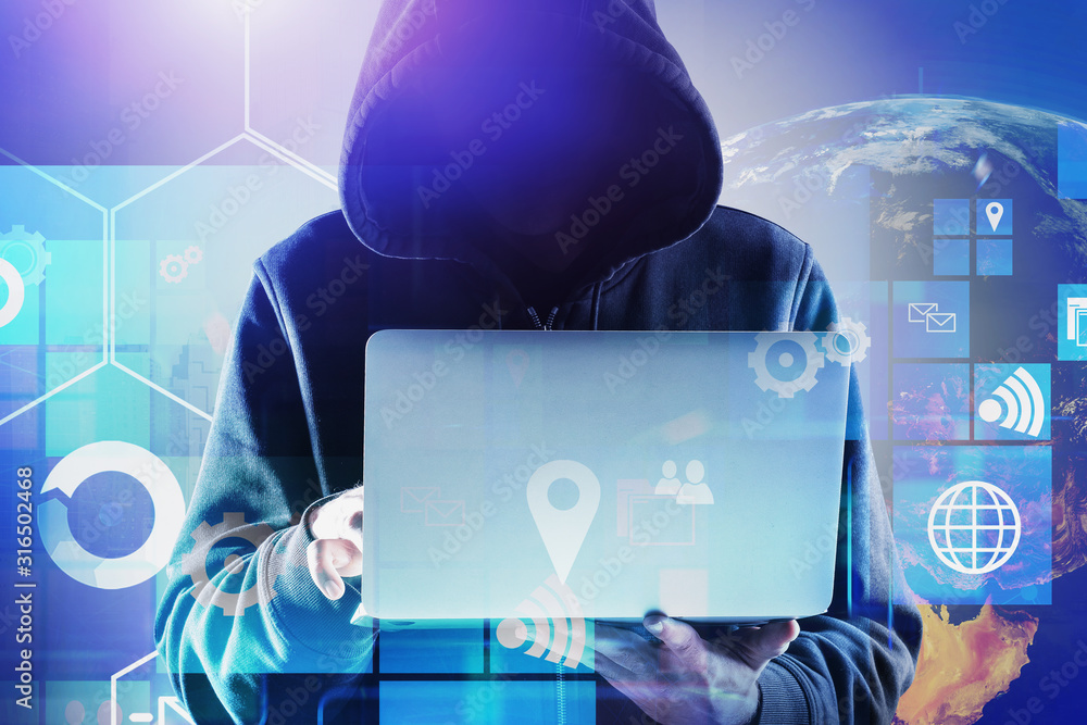 Aufkleber hacker with laptop, cyber security interface