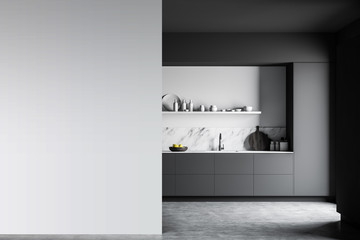 Gray and white kitchen with mock up wall