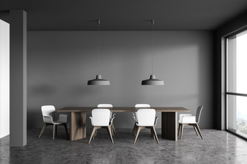 Gray dining room interior with column
