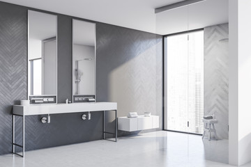White and wood bathroom corner, sink and shower
