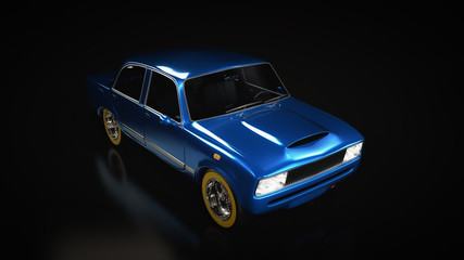 Naklejka na ściany i meble Outdated car model in blue on a black background.