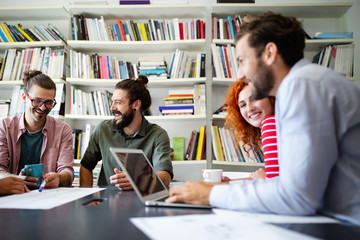 Creative managers crew working with new startup project in office. Team brainstorming.