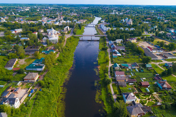 Tvertsa river in the cityscape on a July day. Torzhok, Tver region. Russia