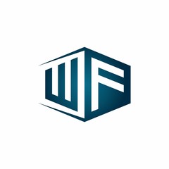 WF monogram logo with hexagon shape and negative space style ribbon design template