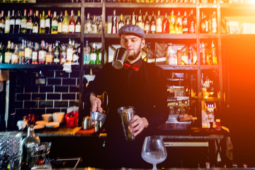 Bartender is making cocktail at bar counter. Fresh cocktails. Barman at work. Restaurant. Nightlife.