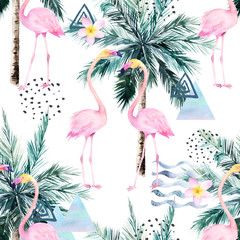 Abstract tropisch patroon met flamingo en palm. Aquarel naadloze afdrukken. Minimalisme aquarel illustratie