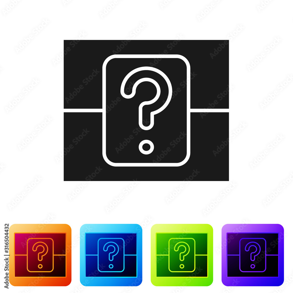 Poster black mystery box or random loot box for games icon isolated on white background. question box. set 