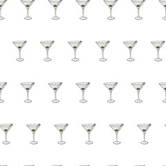 Martini dry Cocktail seamless pattern. Hand drawing sketch outlines on white background can be printed on textile, wallpaper, wrapping paper, greeting cards, used in logo, banner, landing page. Vector