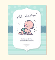 Baby shower card / invitation / poster design template with cute baby boy infant crawling on blue pattern isolated. Vector flat illustration.