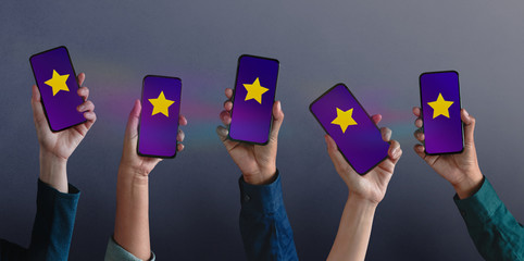 Customer Experiences Concept. Group of Modern People Giving Five Stars Rating, Positive Review via...