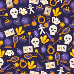 Game magic icons in seamless pattern, vector illustration. Set of flat style cartoon items, symbols of witchcraft and sorcery. Magical amulets and spells, fantasy artifacts
