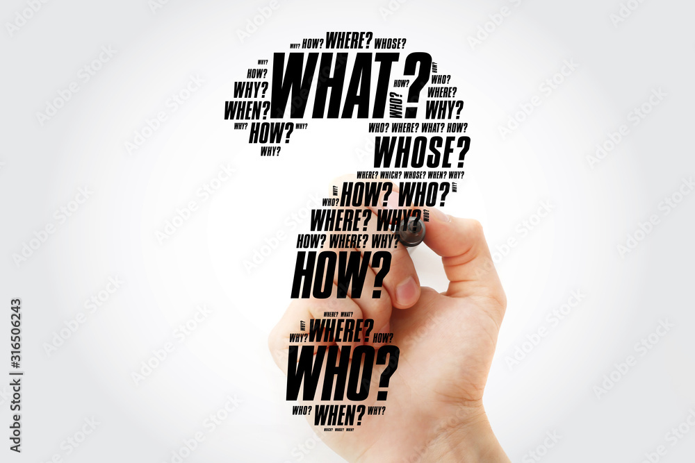 Poster question mark - hand writing questions whose answers are considered basic in information gathering o