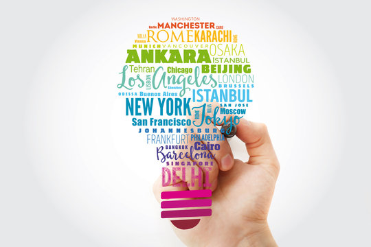 The largest cities in the world light bulb word cloud, travel destinations concept background