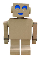 Robot homemade craft toy made of cardboard isolated on white background