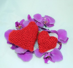 Two knitted red hearts and Orchid flowers