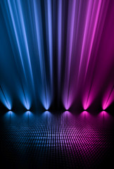 Wet asphalt, reflection of neon lights, a searchlight, smoke. Abstract light in a dark empty street...