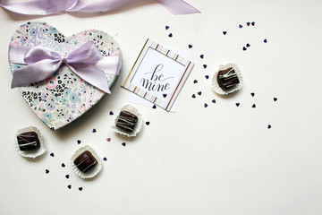 Valentine’s Day. Chocolate surprises. Be mine. Flat lay concept.