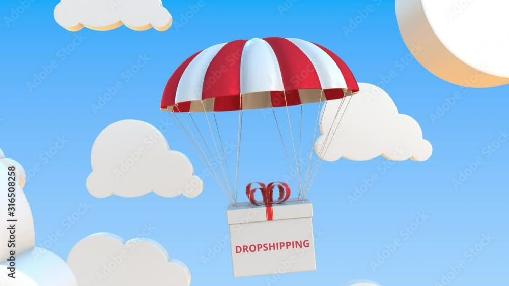 Aufkleber box with dropshipping text falls with a parachute. loopable conceptual 3d animation