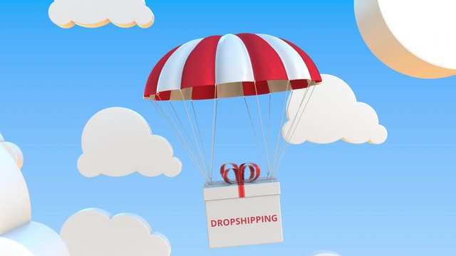 Box with DROPSHIPPING text falls with a parachute. Loopable conceptual 3D animation