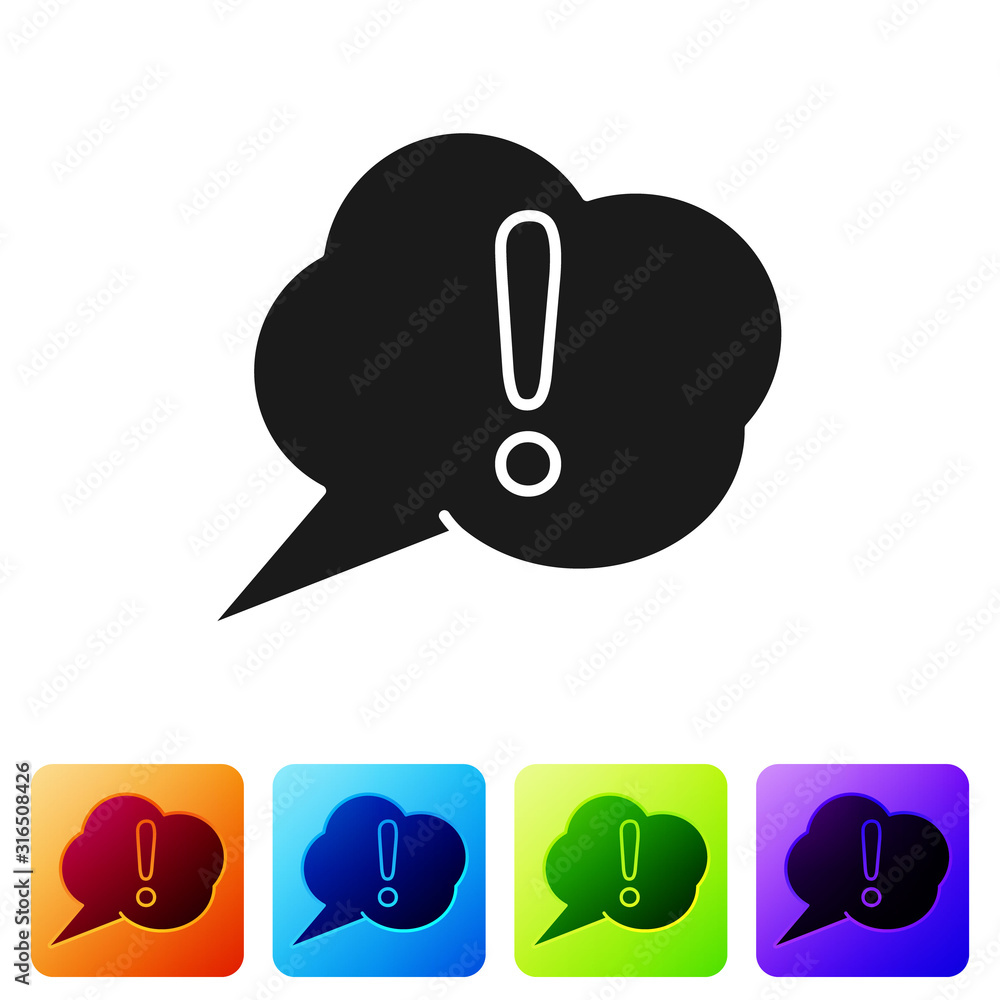 Poster black speech bubble and exclamation icon isolated on white background. faq sign. copy files, chat sp