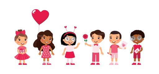 Multicultural little boys and girls dating, celebrating Valentines Day flat vector illustration. Young girlfriends and boyfriends isolated cartoon characters set. Children with February 14 presents