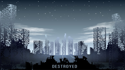 Panorama of the destroyed city against the night starry sky