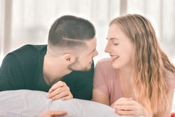 Close up couple sweet love in bedroom morning in Valentine's day