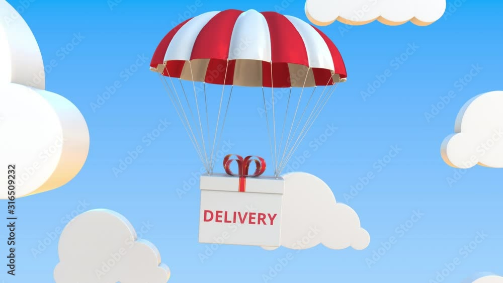 Aufkleber box with delivery text falls with a parachute. loopable conceptual 3d animation