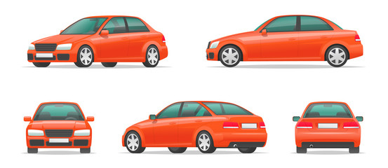 Set of different angles of a red car. City sport sedan view from the side, front, rear and in profile. Vehicle for your project - obrazy, fototapety, plakaty
