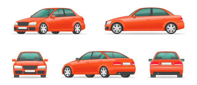 Set of different angles of a red car. City sport sedan view from the side, front, rear and in profile. Vehicle for your project