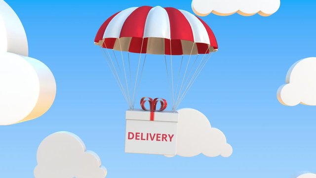 Box with DELIVERY text falls with a parachute. Loopable conceptual 3D animation