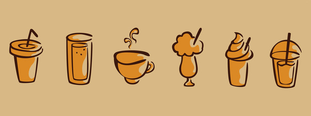 Set of hand drawn coffee doodles: drinks, desserts, beans and other related objects