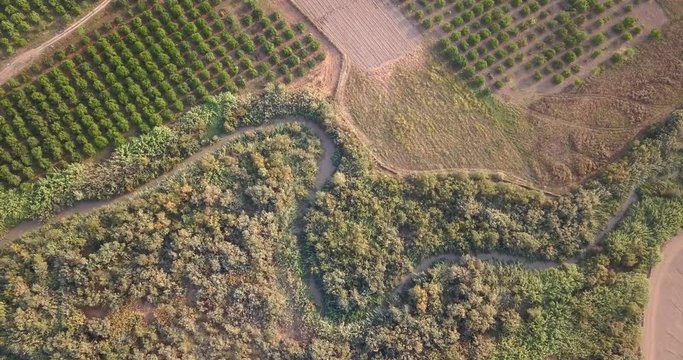Aerial footage over Jordan River, Beit Shean Valley Jordan River, Orchards, Beit Shaan Valley, Drone shot, Israel