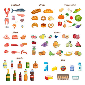 Food set. Collection of various meals, fish and meat, vegetables and fruits, milk and bread. Fresh nutrition design elements. Ingredients for cooking. Isolated vector cartoon icons on white background