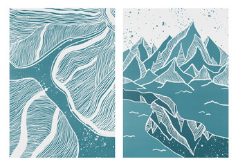 Set of two wall artworks, posters with line hand drawn mountains and flower